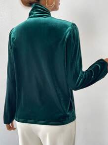 SHEIN Privé Tie Neck Button Front Velvet Shirt - Dark Green - View 2