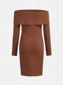 SHEIN Teen Girls' Knitted Jacquard Off Shoulder Dress - Brown - View 2