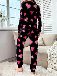 Heart Print PJ Set / Pajama Set, Fall Winter Clothes - Multicolor - View 2