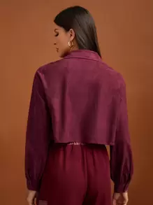 SHEIN Tall Fringe Trim Crop Jacket - Burgundy - View 2