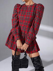 SHEIN Essnce Tartan Print Ruffle Hem Dress - Red - View 3