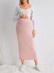 SHEIN 孕婦可調節腰圍羅紋針織鉛筆裙 - 粉色 - 查看 5