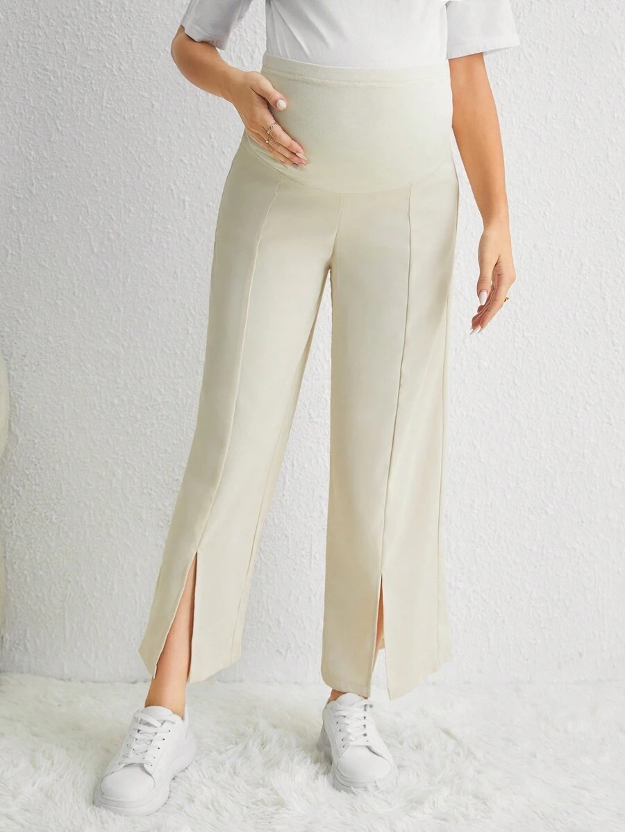 SHEIN Maternity Adjustable Waist Split Hem Wide Leg Pants - Apricot - View 1