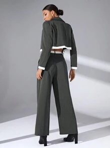SHEIN Essnce Cổ áo Crop Blazer & Quần ống rộng - Màu xám đen - Xem 2