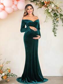 Maternity Elengant Velvet V-Neck Long Sleeve Slim Dress For Baby Shower Photoshoot