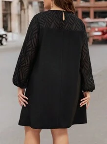 SHEIN LUNE Plus Contrast Mesh Lantern Sleeve Dress - Black - View 2