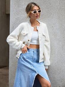 SHEIN Essnce 翻蓋細節插肩袖絨毛飛行員夾克 - 白色 - 查看 6