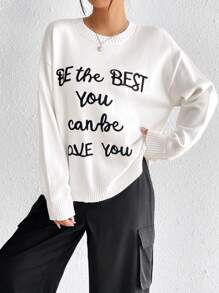 SHEIN EZwear Suéter Casual Con Cuello Redondo Y Estampado De Letras Para Mujer - Blanco - Ver 5