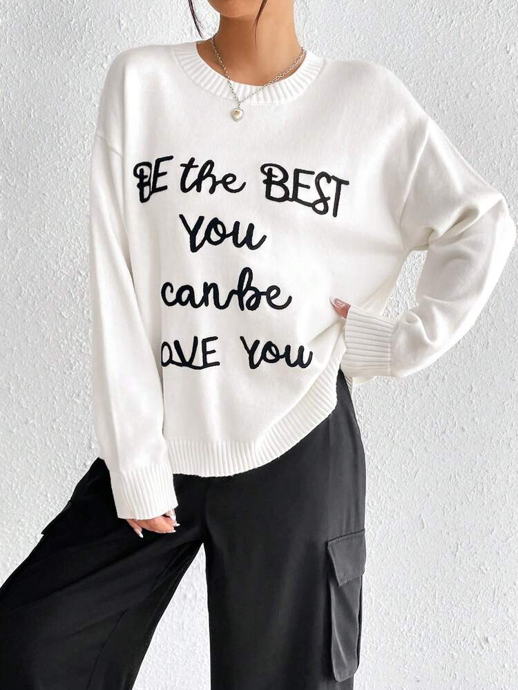 Women's Round Neck Casual Sweater With Letter Pattern