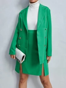 EURMUSE Double Breasted Blazer & Split Hem Skirt - Green - View 1