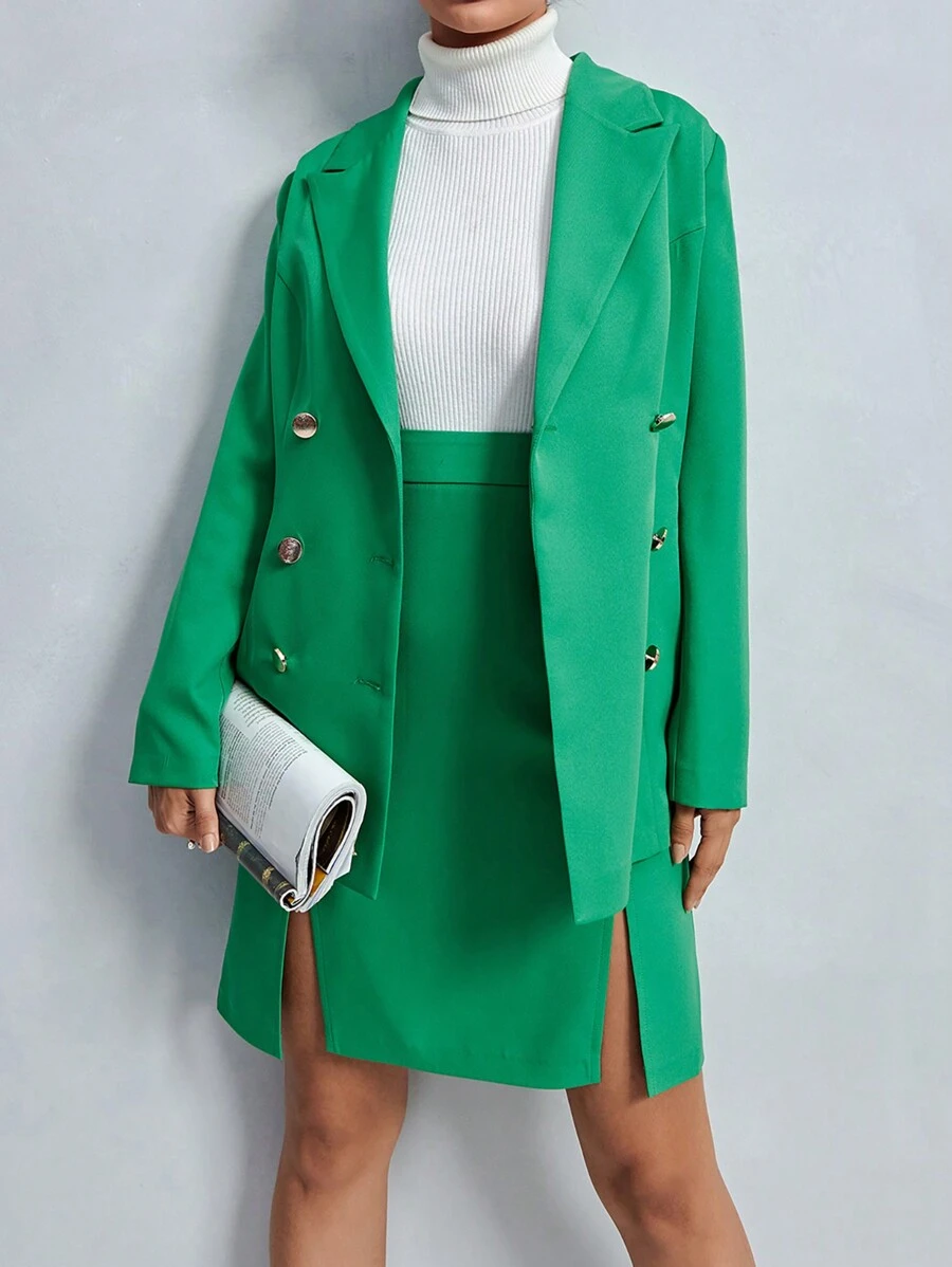 EURMUSE Double Breasted Blazer & Split Hem Skirt - Green - View 1