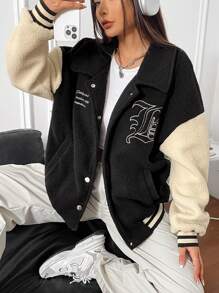 SHEIN Unity Áo khoác lông xù tay dài hở vai chắp vá màu tương phản dành cho nữ - Nhiều màu - Xem 3