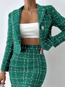 EURMUSE Plaid Pattern Lapel Neck Crop Overcoat - Green - View 1