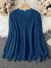 SHEIN LUNE 大碼落肩袖仿舊邊套頭毛衣 - 藍色 - 查看 2