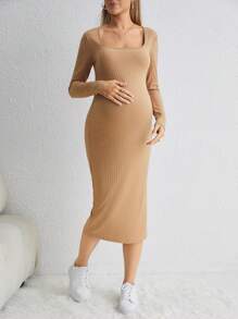 SHEIN 孕婦方領高衩條紋針織緊身洋裝 - 杏色 - 查看 1