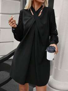 SHEIN LUNE Solid Criss Cross Halter Neck Contrast Mesh Sleeve Dress - Black - View 4