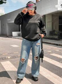 Flirla Plus Heart & Slogan Graphic Drop Shoulder Sweatshirt Pullover Fall Sweatshirt - Black - View 2