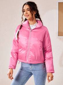 SHEIN EZwear Manteau court matelassé avec ourlet à cordon de serrage - Rose bonbon - Voir 5