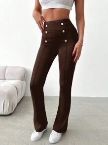 RueChic Women's Double Breasted High Waist Solid Color Long Pants - Brown - View 5