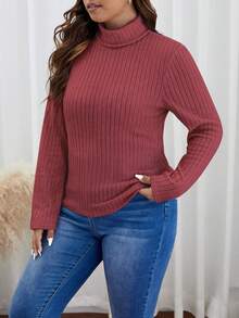 SHEIN Frenchy 大碼高領條紋針織T恤 - 紅色 - 查看 4