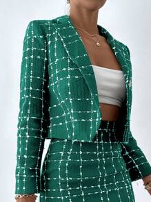 EURMUSE Plaid Pattern Lapel Neck Crop Overcoat - Green - View 4