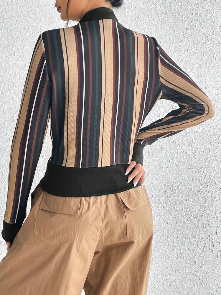 Striped Print Letter Patched Detail Zip Up Tee