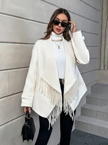 SHEIN Privé Waterfall Collar Fringe Trim Open Front Overcoat - Apricot - View 4