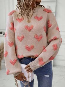 SHEIN Privé Heart Pattern Drop Shoulder Sweater - Multicolor - View 5