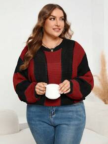 SHEIN LUNE Plus Color Block Drop Shoulder Sweater Knit Pullover Fall Winter Sweater - Multicolor - View 3