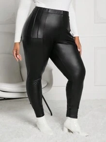 SHEIN CURVE+ Kích thước lớn Đàn hồi chất liệu da PU Của phụ nữ Xà cạp Quần , Mùa Đông - màu đen - Xem 1