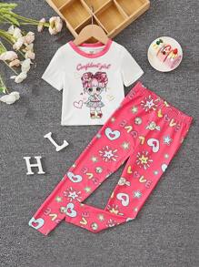 SHEIN Young Girl Cartoon Graphic Contrast Binding PJ Set - Pink - View 1