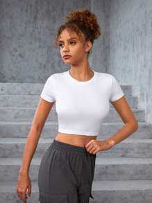 SHEIN 女性青少年無縫針織純色圓領短袖運動t恤 - 白色 - 查看 4