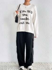 SHEIN EZwear Suéter Casual Con Cuello Redondo Y Estampado De Letras Para Mujer - Blanco - Ver 4