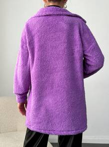 EURMUSE Women's Solid Color Drop Shoulder Long Sleeve Fleece Jacket With Pockets, Comfortable Regular Fit For Winter - Purple - View 2