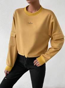 SHEIN Unity 字母图案落肩套头卫衣，秋季卫衣 - 卡其色 - 查看 3
