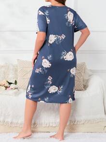 Plus Floral Print Nightdress - Blue - View 2