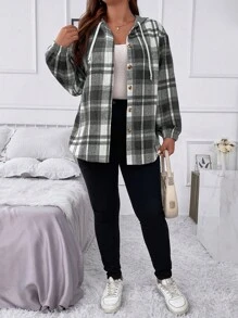 Flirla 1 Miếng Hơn Kẻ sọc Thả vai Dây rút áo có mũ Áo khoác - Đen và trắng - Xem 3