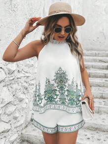 SHEIN VCAY Plus Paisley Print Halter Top & Shorts - White - View 5