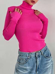 DAZY Turtleneck Ribbed Knit Sweater,Fall Women Clothes - Hot Pink - View 6