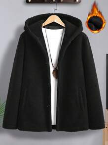 Manfinity 男式鬆身扣式 Teddy 帽裝外套 - 黑色 - 查看 7