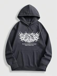 ROMWE MEN Goth 男士口號印花連帽運動衫 - 灰色 - 查看 1
