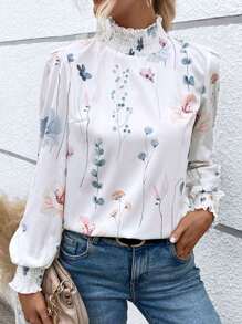 EMERY ROSE 印花褶邊小高領燈籠袖襯衫 - 白色 - 查看 4