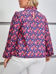 SHEIN Frenchy 大碼滿版印花燈籠袖褶邊襯衫 - 玫紅色 - 查看 2