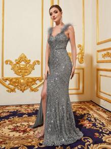 Fuzzy Trim Split Thigh Sequin Prom Dress Gala Dress - Grey - View 6