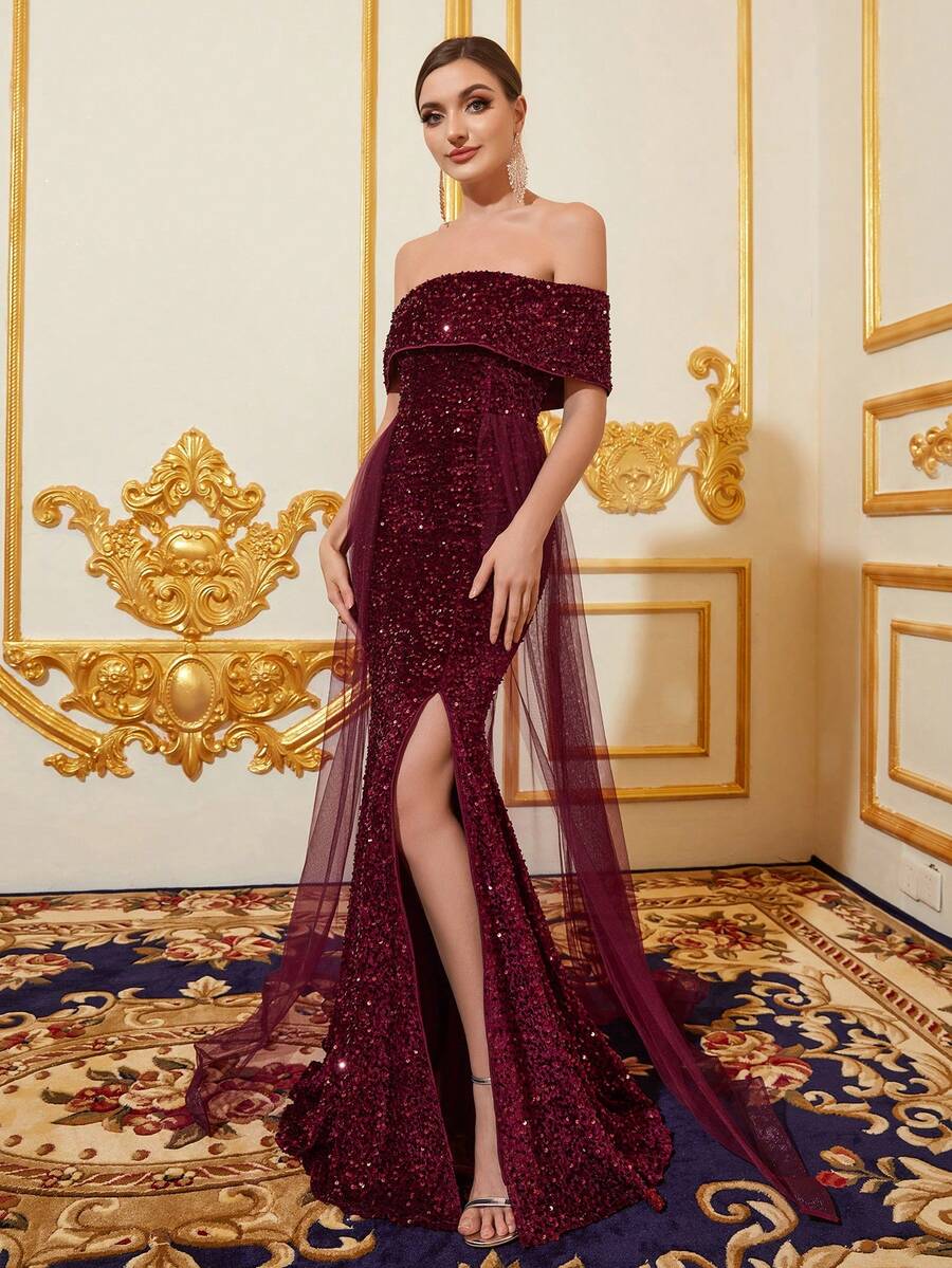 露肩網紗罩層的開叉亮片鱼尾禮服 - 玫紅色 - 查看 1