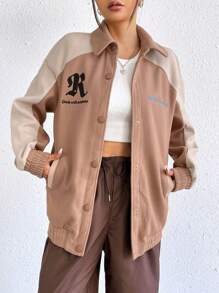 SHEIN EZwear 字母圖案插肩袖夾克 - 咖啡棕 - 查看 1