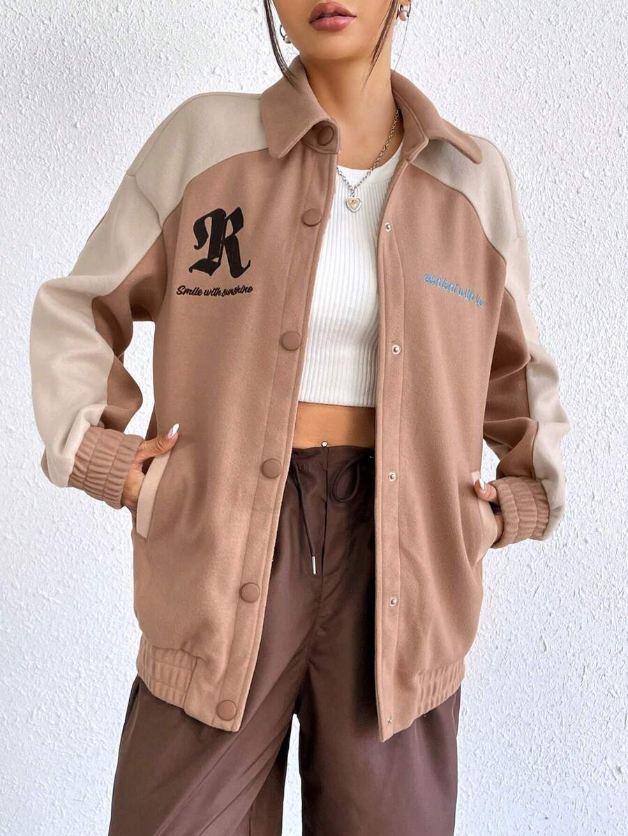 SHEIN EZwear 字母圖案插肩袖夾克 - 咖啡棕 - 查看 1