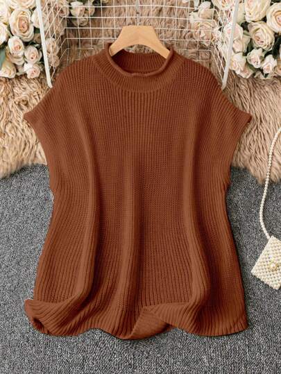 SHEIN LUNE Plus Solid Batwing Sleeve Ribbed Knit Top