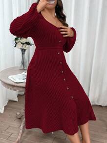 Franclia Plus Sweetheart Neck Lantern Sleeve Single Breasted Dress, Burgundy Women Outfit