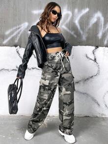 SHEIN Coolane Camo In Túi nắp bên cạnh Eo dây rút Quần Cargo - Nhiều màu - Xem 3